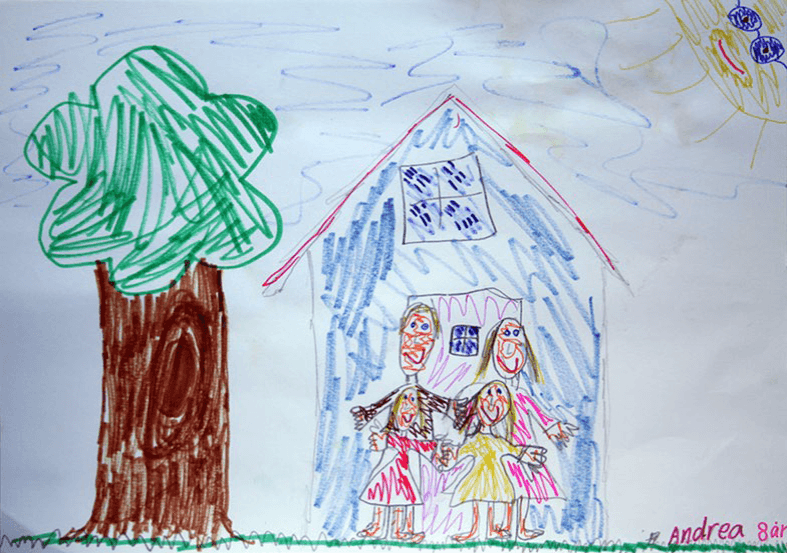 Børnetegning af hus.