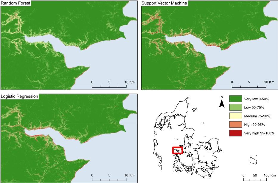 The maps show the risk of landslides calculated using different models in machine learning.
