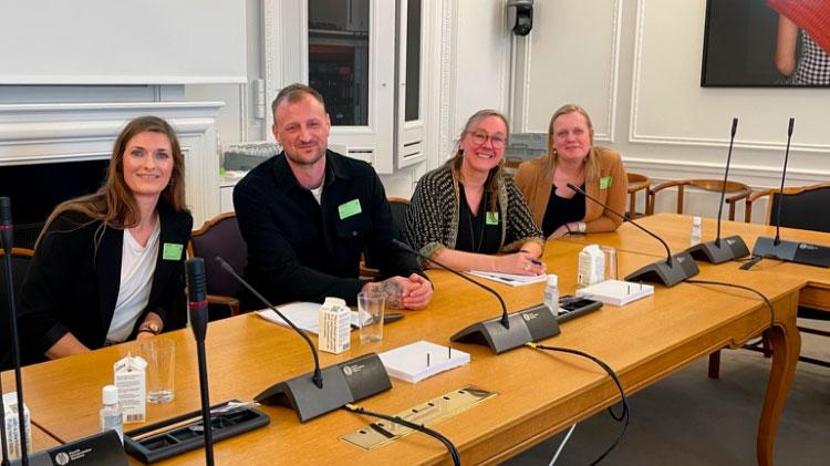 Researchers from AAU present the results of a study of the Danish Criminal Code to the Danish Parliament's Legal Affairs Committee that then asked the Minister of Justice to comment on the results. From left to right: Annette Olesen, Associate Professor, Department of Sociology and Social Work; and Kasper Jørgensen, PhD Fellow; Lene Wacher Lentz, Associate Professor; Professor Birgit Feldtmann, Department of Law. Researchers from AAU present the results of a study of the Danish Criminal Code to the Danish Parliament's Legal Affairs Committee that then asked the Minister of Justice to comment on the results.